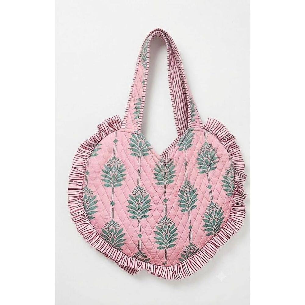 POL Pink Quilted Tote with Green Leaf Motif